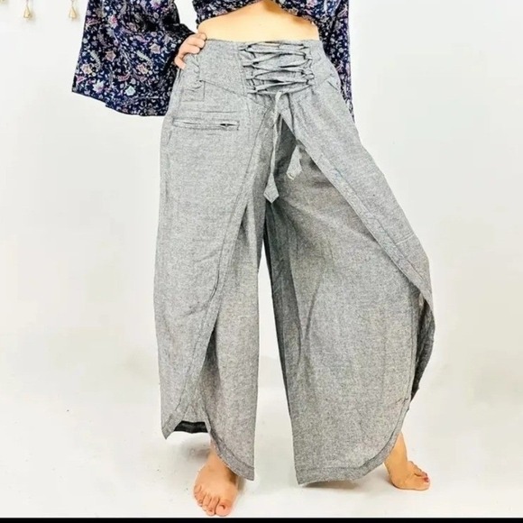 Karma Nepal Craft Pants - Karma Nepal Craft Grey 100% Cotton Double Layer Palazzo Pants Lace Up Front L